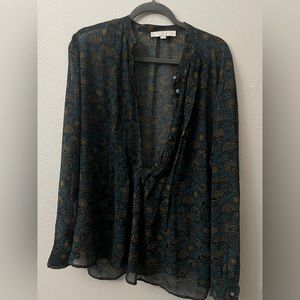 Ann Taylor LOFT teal floral sheer blouse w/ button front no collar